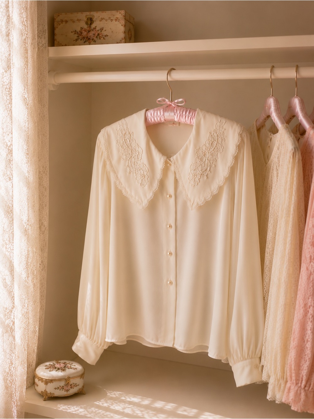 🫖✨Vintage Cream Lace Collar Blouse Size M